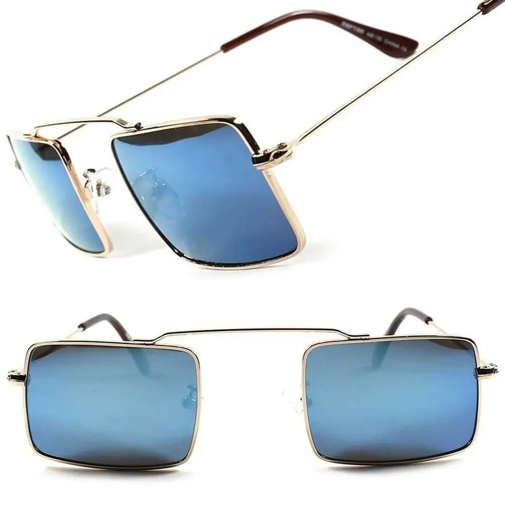 Gold Tone Rectangle Sunglasses Blue Mirrored Lens